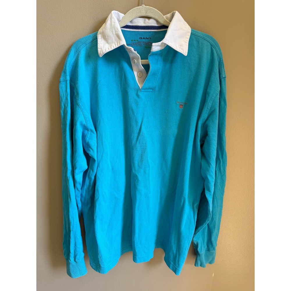 GANT Men's Rugby Shirt in Turquoise with White Collar Preppy